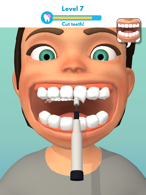 Animated character using electric toothbrush in a dental hygiene game level titled "Cut teeth!"