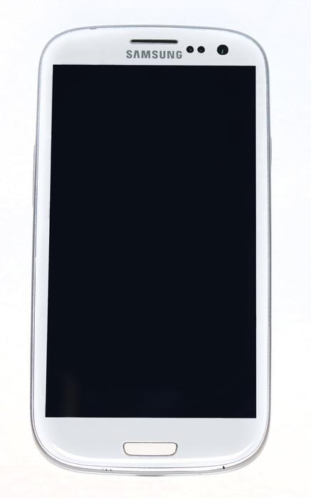 White Samsung Galaxy S3 smartphone with black screen, front-facing view on white background.