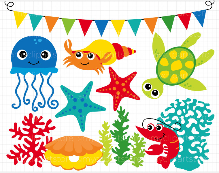 Colorful cartoon sea creatures including jellyfish, crab, turtle, starfish, coral, and seashell under a party banner.