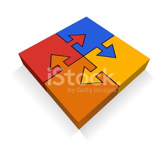 Four colorful 3D puzzle pieces with directional arrows fitting together on a white background.