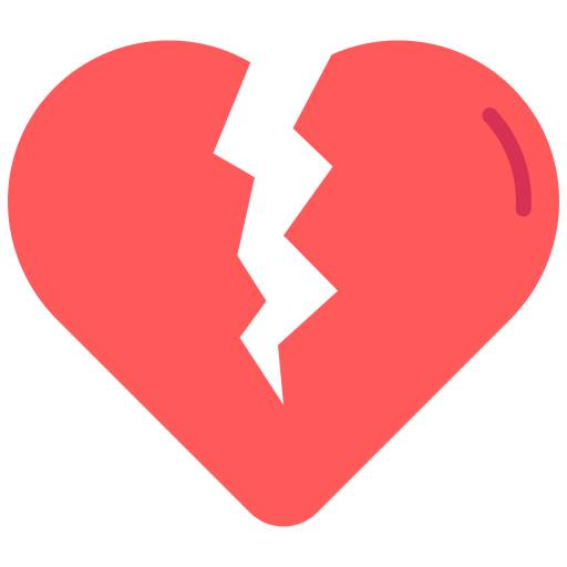 A red broken heart icon with a jagged black crack down the center, symbolizing heartbreak or emotional pain.