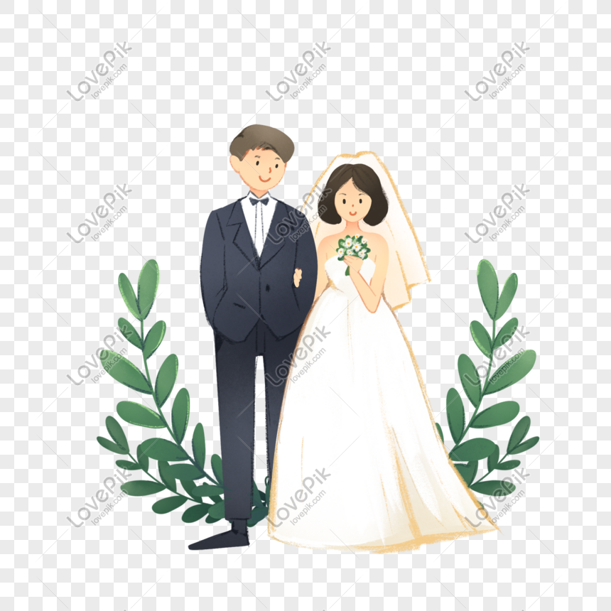 Illustrated bride and groom in wedding attire, standing side by side with greenery framing them.