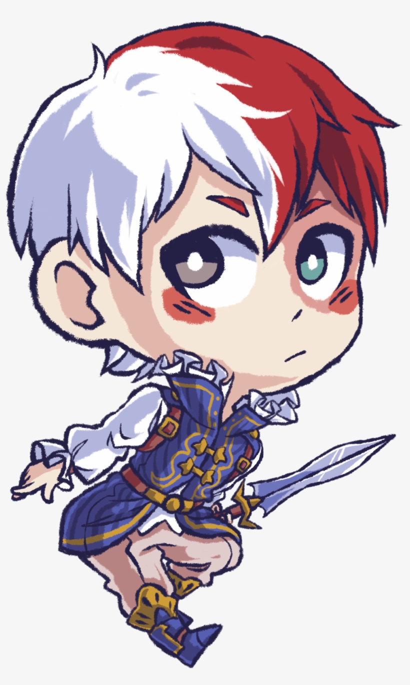 Chibi-style anime character with half-red, half-white hair, wielding a sword in ornate blue and gold armor.