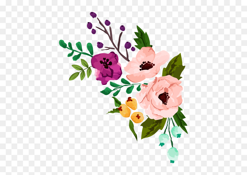 Watercolor floral bouquet with pink, purple, and yellow flowers, green leaves, and berries on transparent background.