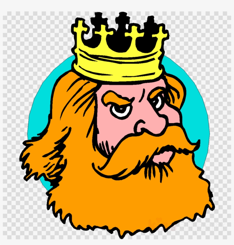 Cartoon king with golden crown, orange beard and hair, stern expression, teal circular background.