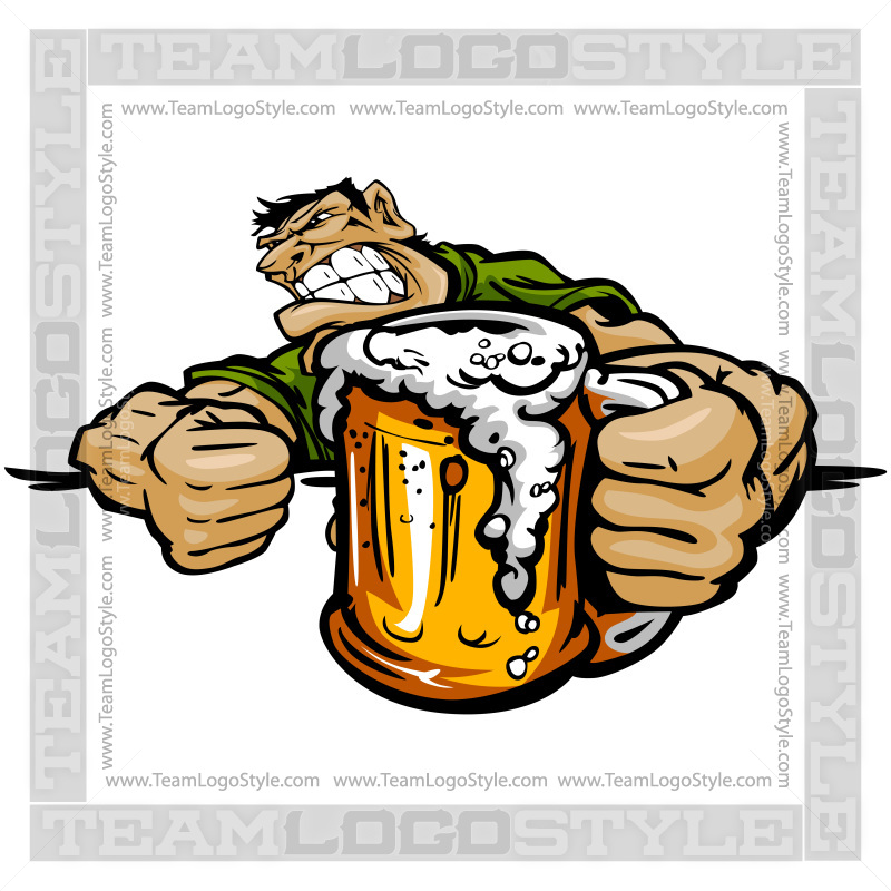 Angry cartoon mascot gripping a foaming beer mug with clenched fists and fierce expression.