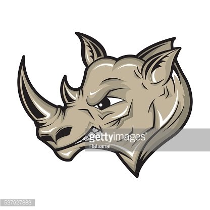 Stylized cartoon rhinoceros head with fierce expression, prominent horn, and detailed shading on white background.
