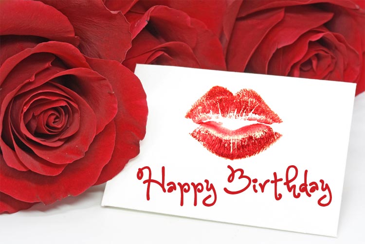 Romantic Happy Birthday Card with Red Roses and Lipstick Kiss