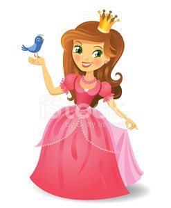 Smiling cartoon princess in pink gown with crown, holding a blue bird on her hand.