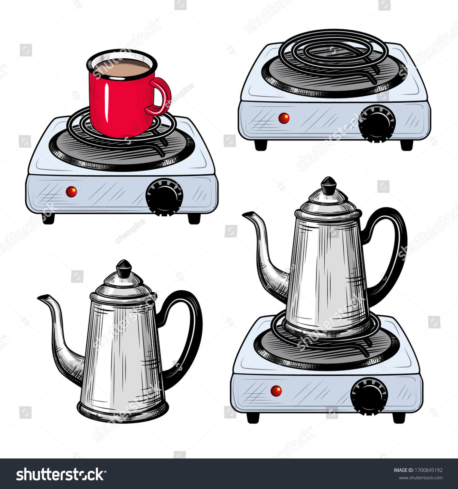 Hand-drawn illustration of electric hot plates with kettles and a red mug, showing vintage-style kitchen appliances in use.