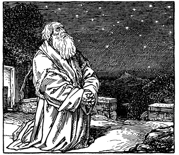 An elderly bearded man in robes kneels outdoors at night, gazing upward at a star-filled sky, hands clasped in prayer.