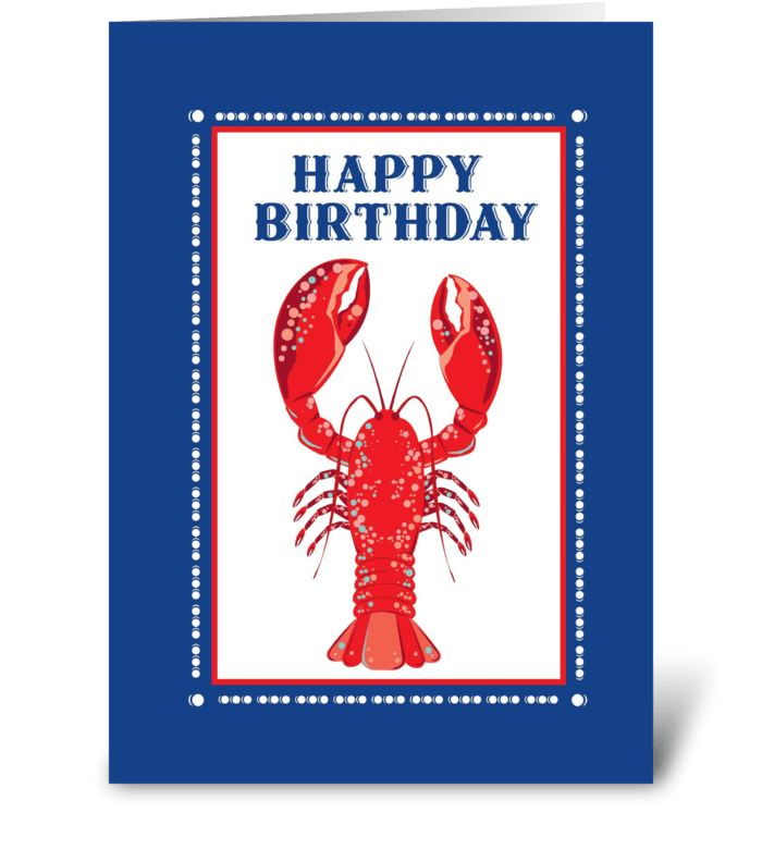 Blue birthday card with red lobster illustration and "Happy Birthday" text in navy font.