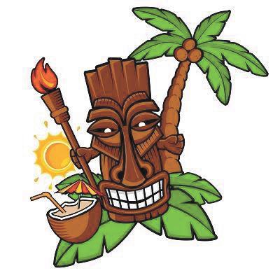 Tiki mask with torch, coconut drink, palm tree, and sun-tropical vacation theme.
