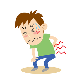 Cartoon boy with fever, flushed cheeks, sweat, and red zigzag lines indicating back pain.