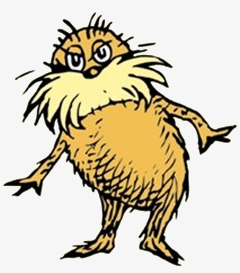A cartoonish yellow, furry creature with wild hair, large eyes, and expressive limbs-Dr. Seuss’s Lorax.