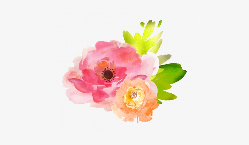 Watercolor floral bouquet with pink and peach blossoms and green leaves on white background.
