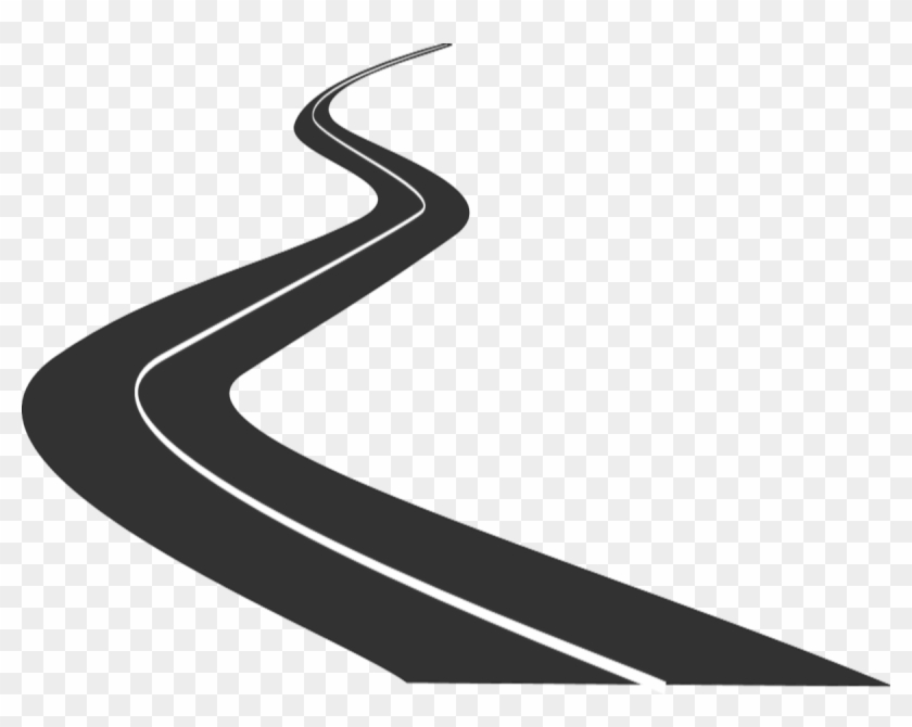 Winding black asphalt road with white centerline on transparent background, symbolizing journey or path forward.