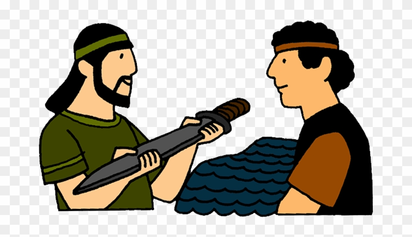 Two ancient warriors in discussion; one holds a sword, the other wears scale armor and a headband.