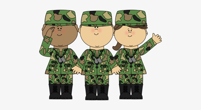 Three cartoon children in camouflage military uniforms saluting and waving.
