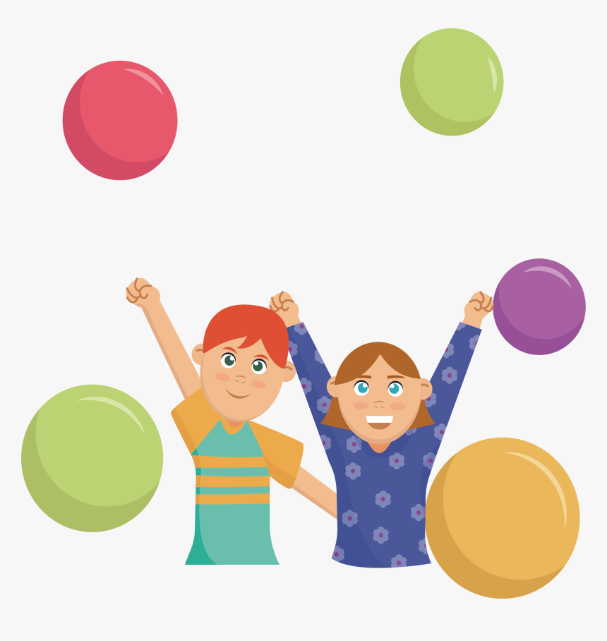 Two joyful children juggling colorful balls with raised arms and smiling faces.