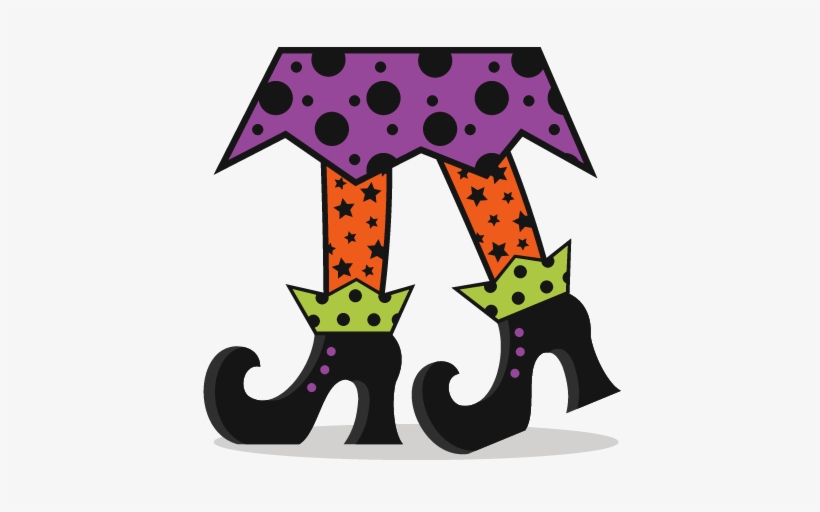 Cartoon witch legs in purple polka-dot skirt, orange star-print tights, green cuffs, and black pointed shoes.