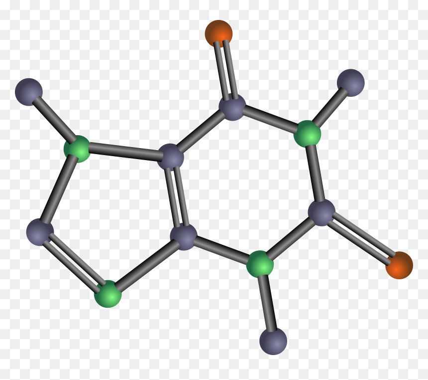 3D molecular structure of caffeine showing fused rings, nitrogen (blue), carbon (gray), oxygen (red), and hydrogen (green) atoms.