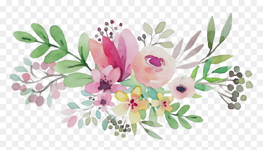 Watercolor floral bouquet with pink, peach, yellow flowers and green leaves on transparent background.