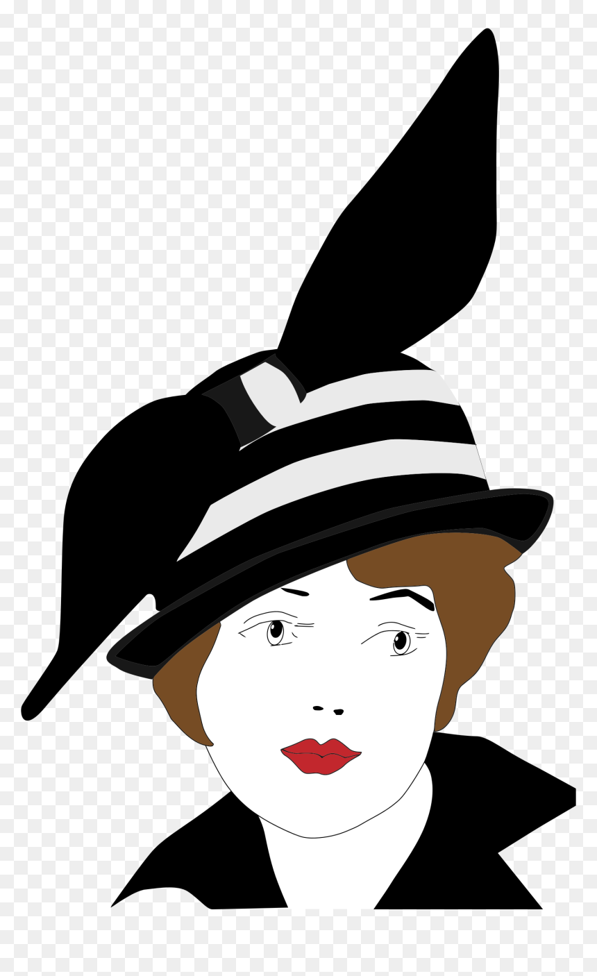 Stylized illustration of a woman in a black-and-white striped cloche hat with a tall feather, brown bob hair, and red lips.