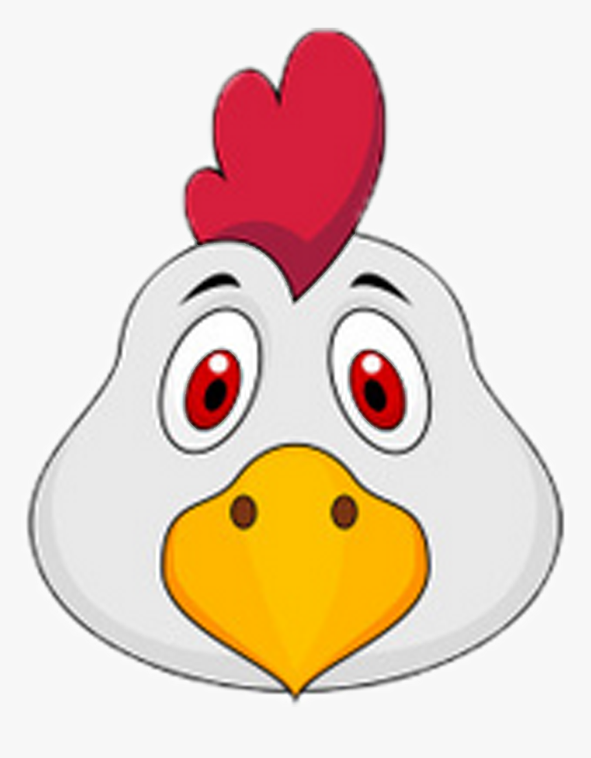 Cartoon chicken head with red comb, wide red eyes, and yellow beak on white background.