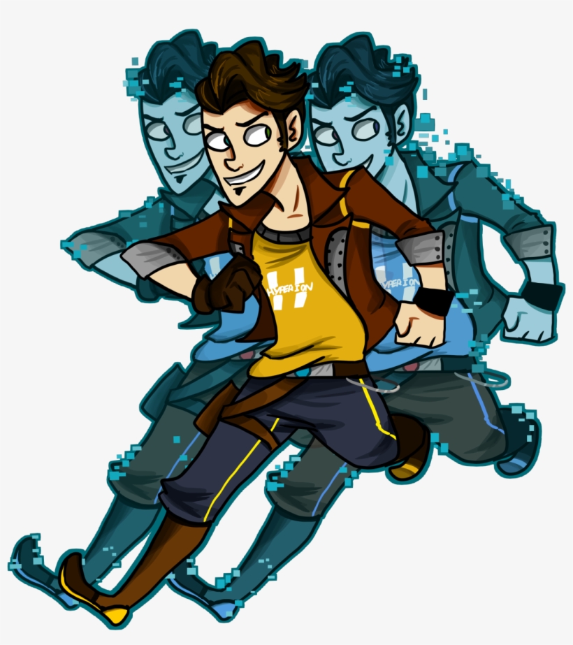 A stylized animated character in a yellow "HYPERION" shirt and brown jacket, flanked by two glitchy blue digital duplicates running forward.