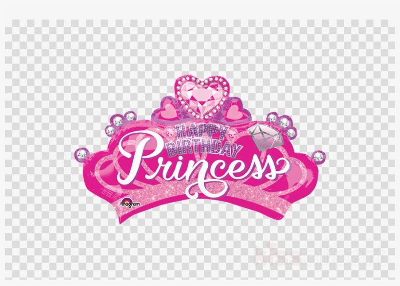 Pink princess crown balloon with "Happy Birthday Princess" text and gemstone accents.