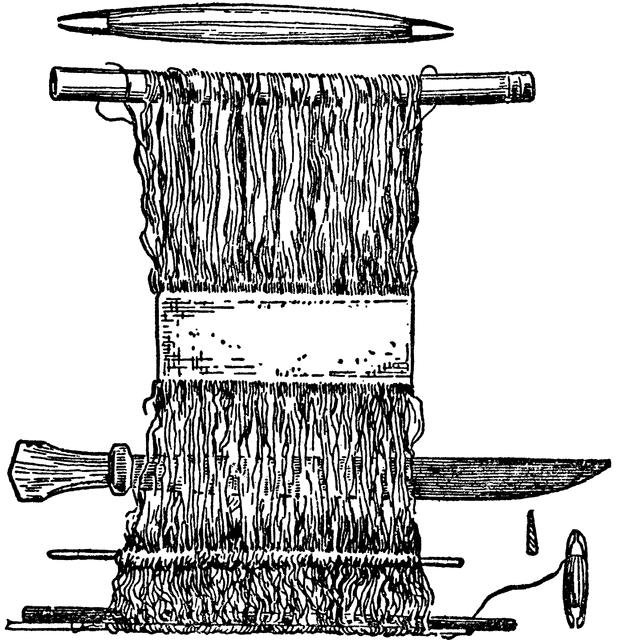 Vintage illustration of a traditional handloom shuttle with warp threads and wooden components.