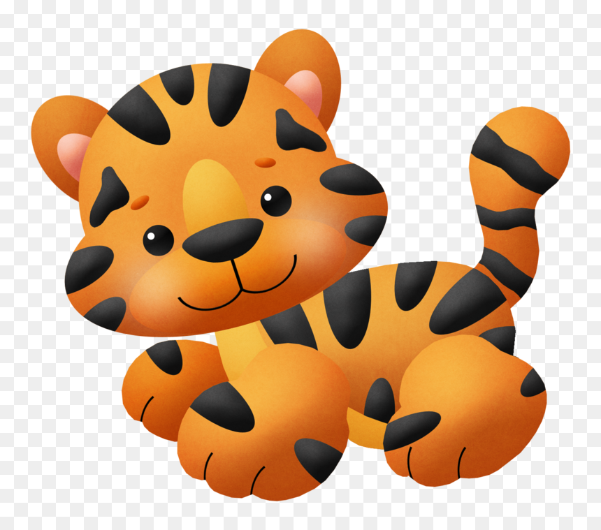 Cute cartoon baby tiger with orange fur, black stripes, and a playful smile, lying down on transparent background.