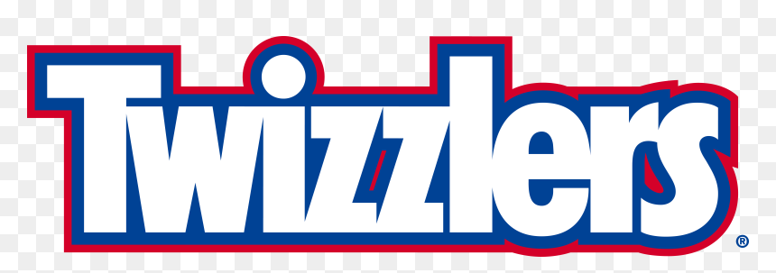 Twizzlers logo featuring bold white lettering with red and blue outlines and a playful candy-shaped dot over the 'i'.