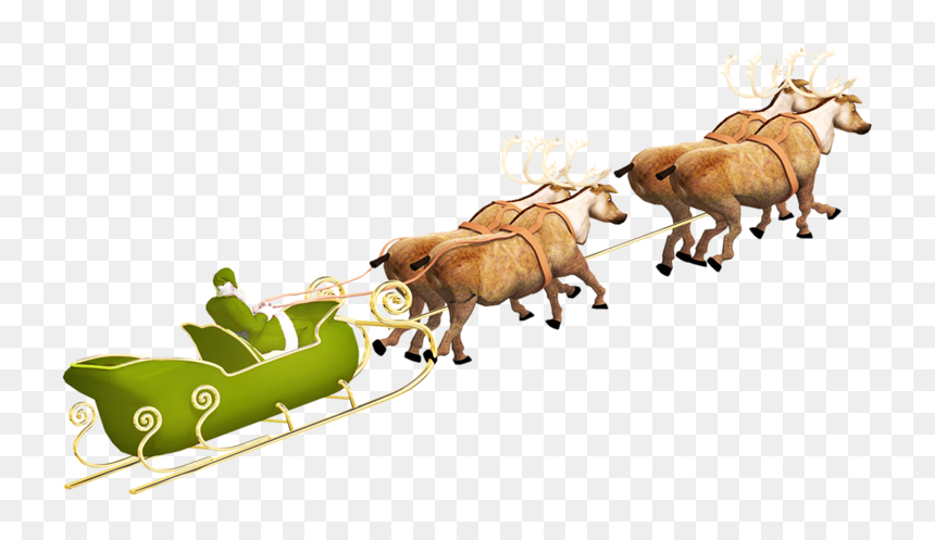 Santa in a green sleigh pulled by six reindeer against a transparent background.