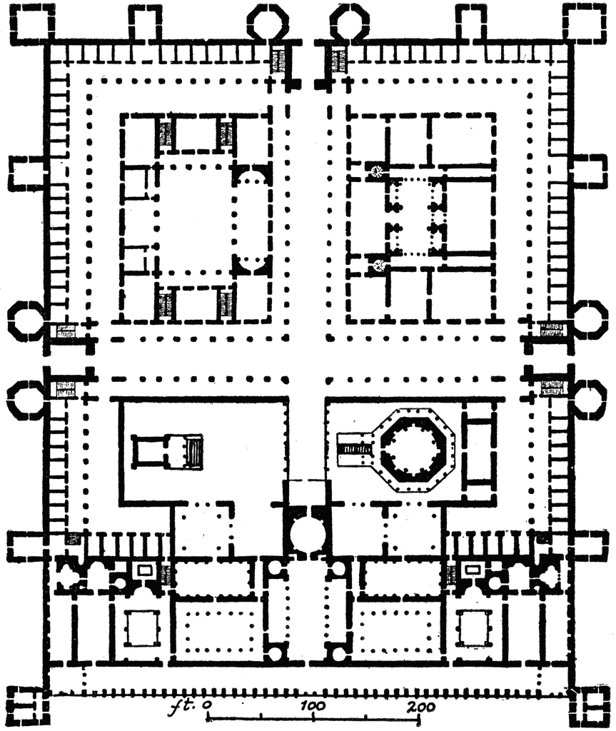 Architectural floor plan of a symmetrical palace or monastery complex with courtyards, octagonal halls, and perimeter towers.