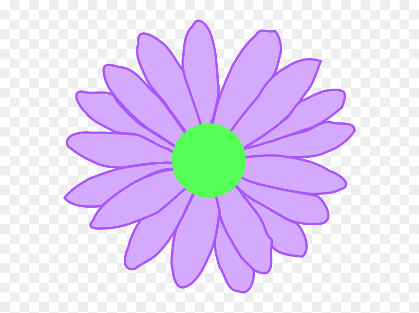 Purple daisy-style flower with green center and outlined petals on transparent background.