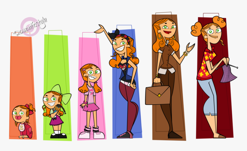 Six illustrated versions of a red-haired girl in different outfits and life stages, from toddler to adult, each emerging from a colored panel.