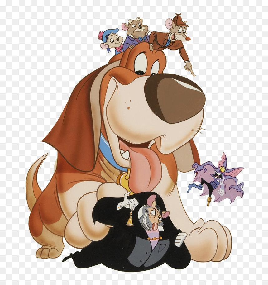 A large basset hound with three mice on his head, a mouse in a tuxedo beneath him, and a purple bat-like creature flying nearby.