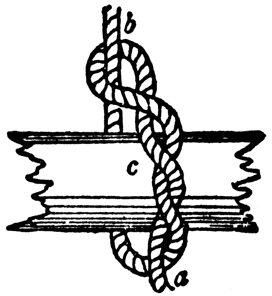 Vintage illustration of a rope tied in a knot over a torn paper banner with letters 'a', 'b', 'c'.