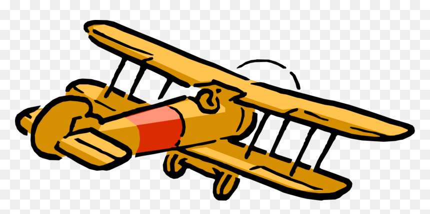 Cartoon-style yellow biplane with red nose and spinning propeller, angled in flight against transparent background.