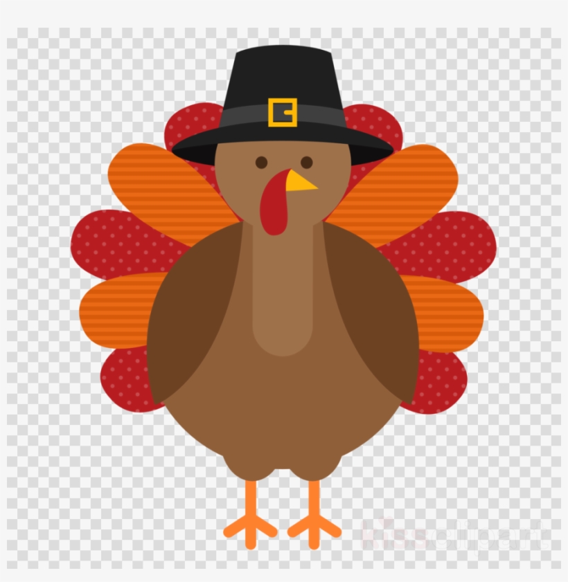 Cartoon turkey wearing a Pilgrim hat with red and orange feather fan, on transparent background.