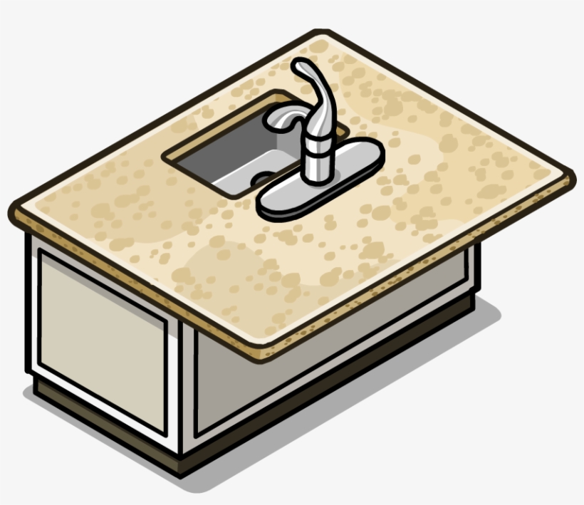 Beige speckled kitchen sink countertop with single-handle faucet and undermount sink, isometric illustration.