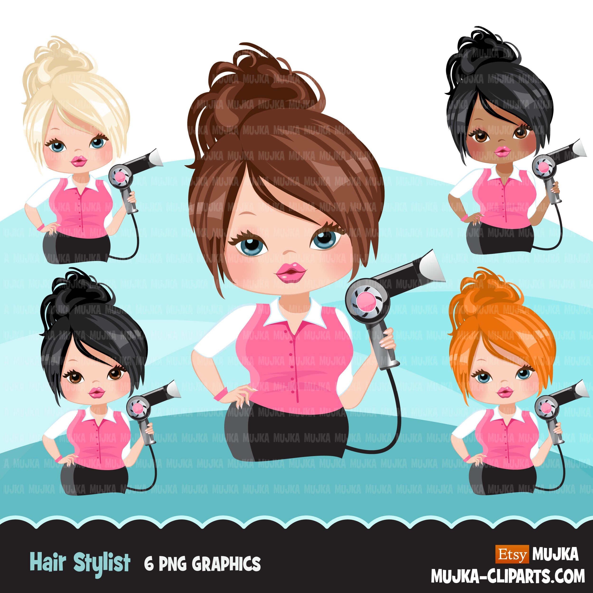 Five cartoon hair stylists with different hair colors and styles, each holding a hairdryer, dressed in pink vests and black skirts.