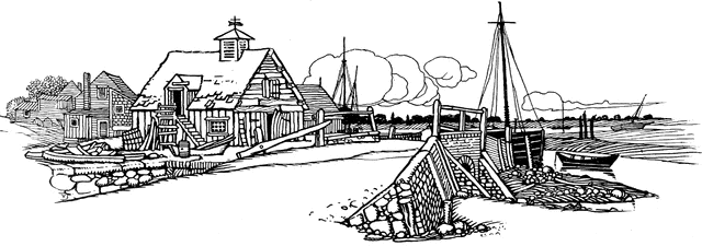 Historic coastal village with timber-framed buildings, fishing boats, and stone quays in a hand-drawn ink illustration.