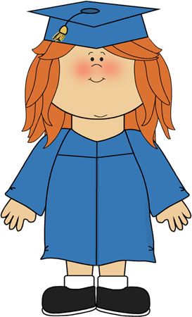 Cartoon girl with red hair wearing a blue graduation cap and gown, smiling.