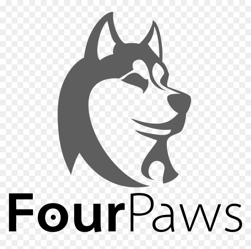 FourPaws logo featuring a stylized gray husky dog head silhouette with bold text below.