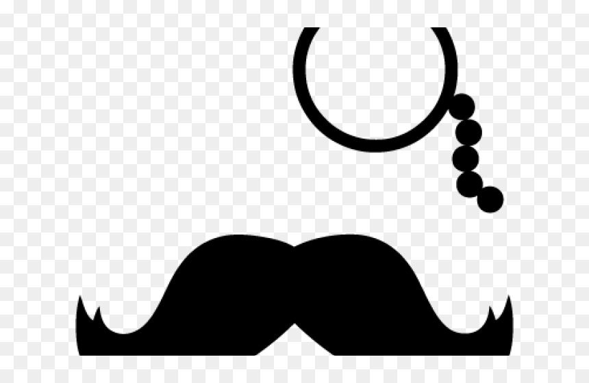 Black silhouette of a handlebar mustache with a monocle and chain on transparent background.