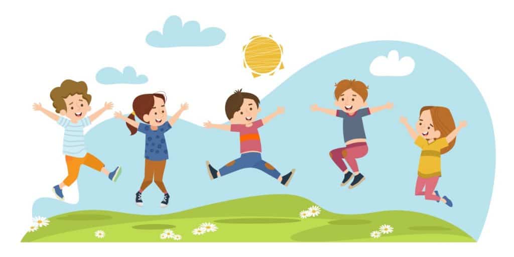 Five joyful children jumping on a sunny grassy hill with daisies and clouds.
