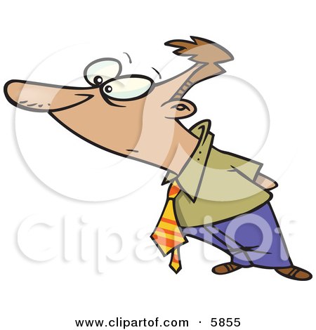 Cartoon man with exaggerated long nose, wide eyes, and messy hair, leaning forward in surprise or curiosity.